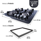 Parrilla de gas 4 quemadores empotrable cristal templado